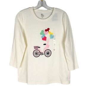Kim Rogers Perfectly Soft 3/4 Sleeve Graphic Tee Ivory Size‎ P/M Bike